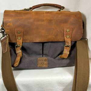 Wowbox Mens Messenger Bag Leather Canvas Briefcase Satchel Laptop Bag Gray Brown
